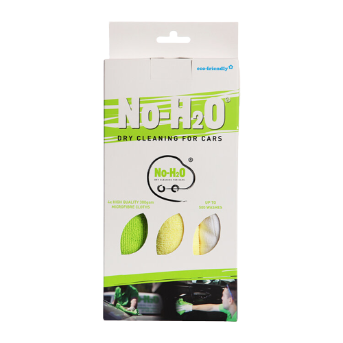 A "No-H2O" product designed for dry cleaning cars. The package contains four high-quality 100% microfiber cloths, labeled as being eco-friendly. The packaging also highlights that the product can be used for up to 500 washes.