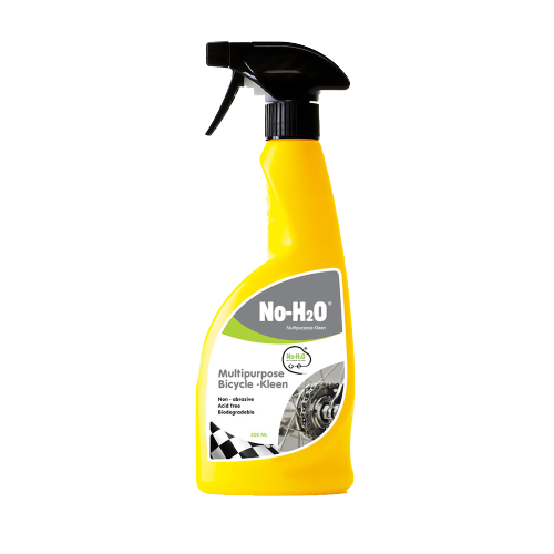 A "No-H2O" multipurpose bicycle cleaner spray bottle. The product is labeled "Multipurpose Bicycle-Kleen" and is intended for cleaning bicycles. The bottle is yellow with a spray nozzle. The label displays an image of a bicycle chain and emphasises its cleaning capabilities.