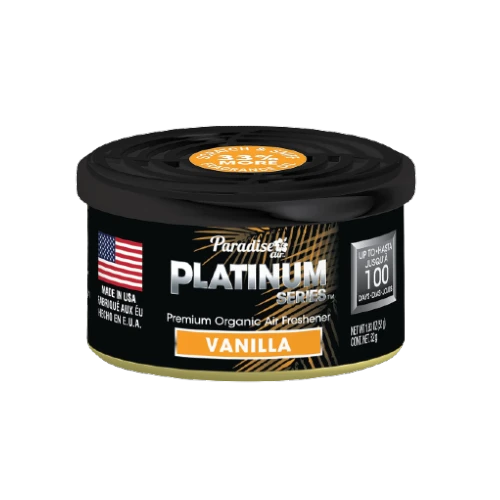 Product labelled 'Paradise Platinum Series', a premium organic air freshener in vanilla scent, made in the USA with up to 100 hours of fragrance, in black packaging with gold details and an American flag emblem.