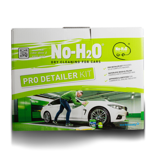A "No-H2O" Pro Detailer Kit for dry cleaning cars. The kit promotes waterless wash and polish and is eco-friendly. The product seems to be designed for professional detailing.