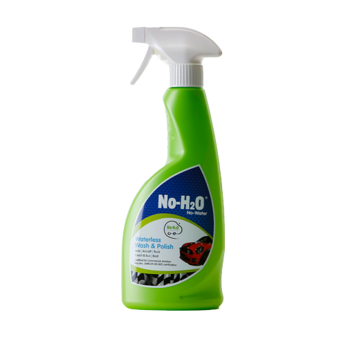 A "No-H2O" product designed for waterless wash and polish of vehicles. The green bottle features a spray nozzle and highlights its eco-friendly nature with the label "No Water".