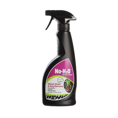 A "No-H2O" Wheel-Kleen & Bug Remover spray. The product is designed for cleaning wheels and removing bugs from vehicles. The design indicates it's part of an eco-friendly line of car cleaning products.