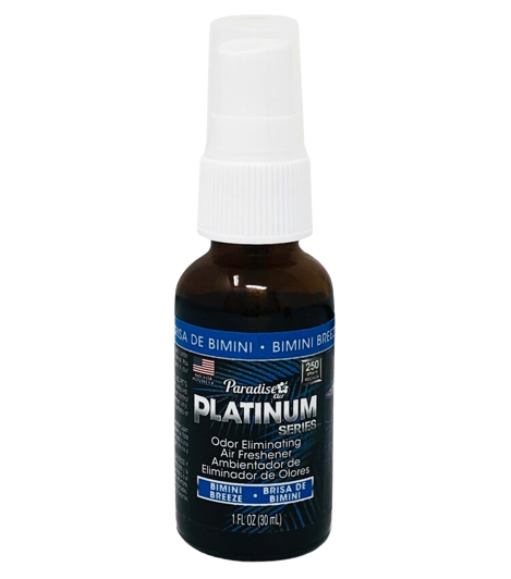 A spray bottle labeled "Paradise Platinum Series" that's an odour eliminating air freshener with the scent "Bimini Breeze". It's a 1 fl oz (30ml) bottle.