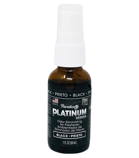 A spray bottle labeled "Paradise Platinum Series" that's an odour eliminating air freshener with the scent "Black". It's a 1 fl oz (30ml) bottle.