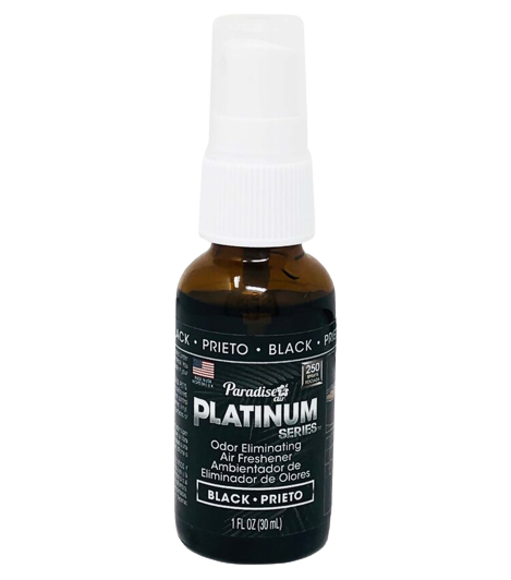  A spray bottle labeled "Paradise Platinum Series" that's an odour eliminating air freshener with the scent "Black". It's a 1 fl oz (30ml) bottle.