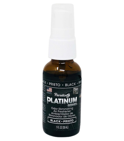  A spray bottle labeled "Paradise Platinum Series" that's an odour eliminating air freshener with the scent "Black". It's a 1 fl oz (30ml) bottle.