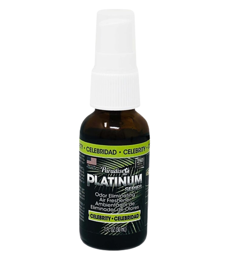 A spray bottle labeled "Paradise Platinum Series" that's an odour eliminating air freshener with the scent "Celebrity". It's a 1 fl oz (30ml) bottle.