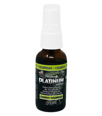 A spray bottle labeled "Paradise Platinum Series" that's an odour eliminating air freshener with the scent "Celebrity". It's a 1 fl oz (30ml) bottle.