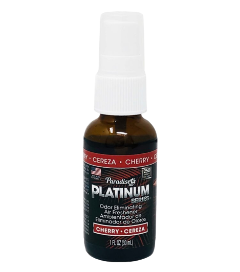 A spray bottle labeled "Paradise Platinum Series" that's an odour eliminating air freshener with the scent "Cherry". It's a 1 fl oz (30ml) bottle.