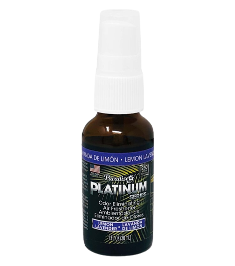 A spray bottle labeled "Paradise Platinum Series" that's marketed as an odour eliminating air freshener. The scent is "Lemon Lavender". It's a 1 fl oz (30ml) bottle.