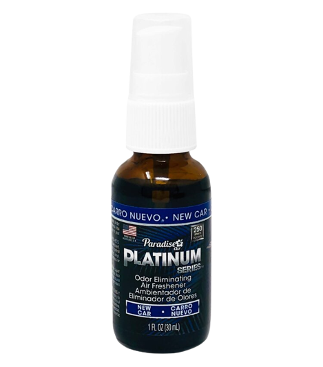 A spray bottle labeled "Paradise Platinum Series" that's an odour eliminating air freshener with the scent "New Car". It's a 1 fl oz (30ml) bottle.