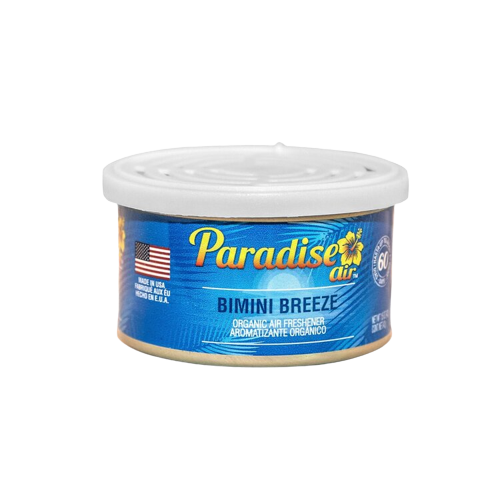 A tin of "Paradise Air" air freshener with the scent labeled as "Bimini Breeze."