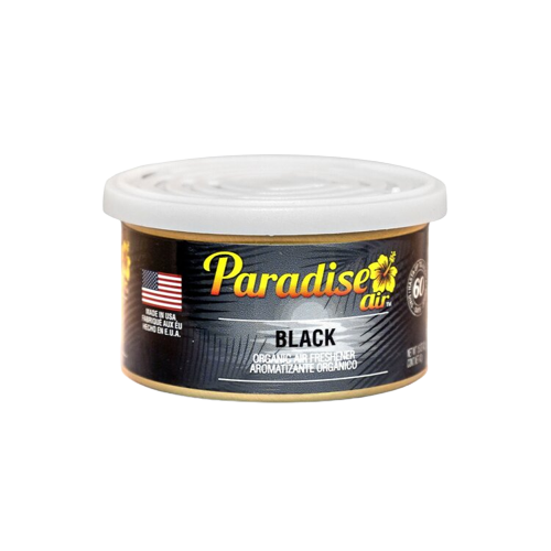A tin of "Paradise Air" air freshener with the scent labeled as "Black".