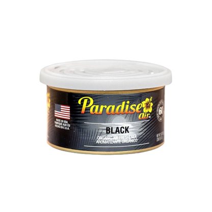 A tin of "Paradise Air" air freshener with the scent labeled as "Black".