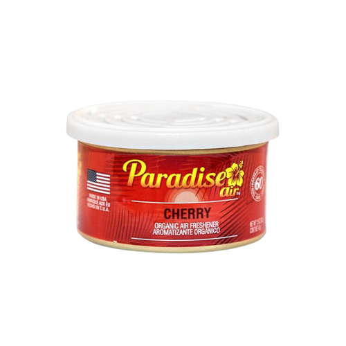 A tin of "Paradise Air" air freshener with the scent labeled as "Cherry".