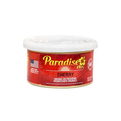 A tin of "Paradise Air" air freshener with the scent labeled as "Cherry".