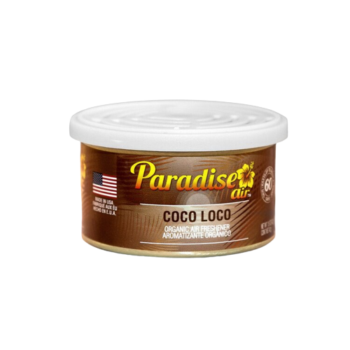 A tin of "Paradise Air" air freshener with the scent labeled as "Coco Loco".