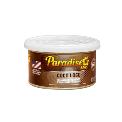 A tin of "Paradise Air" air freshener with the scent labeled as "Coco Loco".