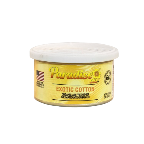 A tin of "Paradise Air" air freshener in the "Exotic Cotton" scent.