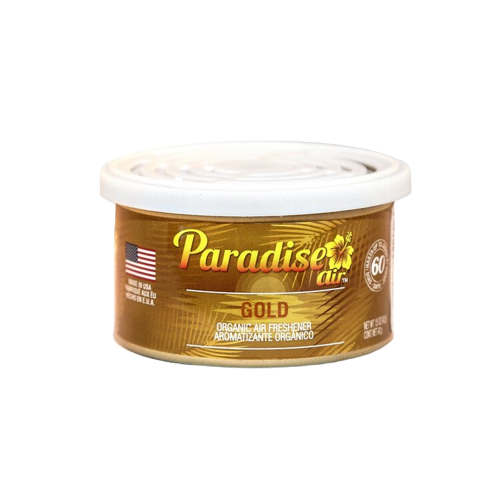 A tin of "Paradise Air" air freshener with the scent labeled as "Gold."