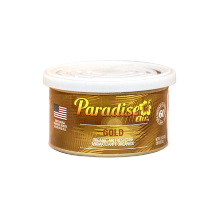 A tin of "Paradise Air" air freshener with the scent labeled as "Gold."