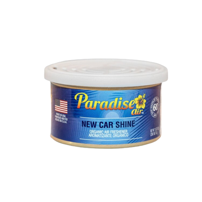 A tin of "Paradise Air" air freshener with the scent labeled as "New Car Shine."