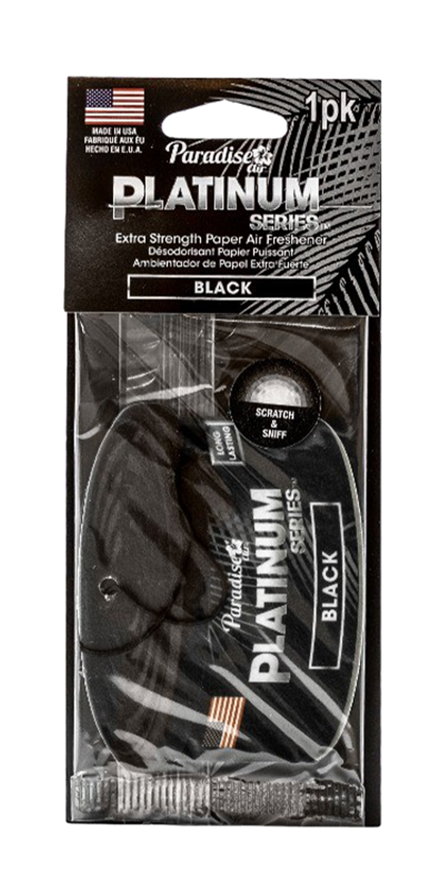 Product labelled "Paradise Platinum Series", an extra strength paper air freshener in black scent, made in the USA. The packaging is predominantly black with silver details, and it includes a "scratch & sniff" feature. The product inside appears to be a black tree-shaped paper freshener.