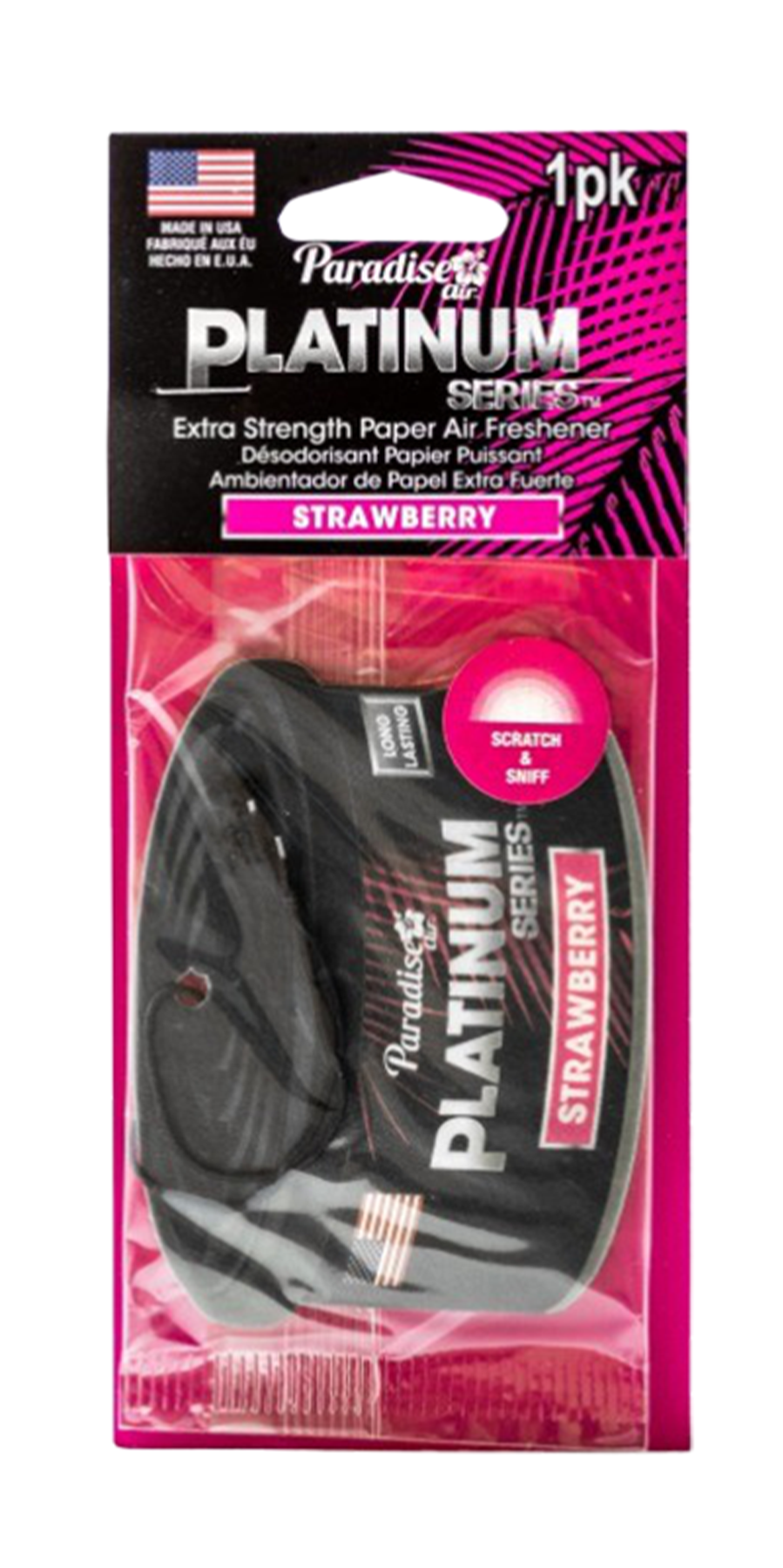 An air freshener from the "Paradise Air Platinum Series." The scent is labeled "Strawberry." It's an extra strength paper air freshener designed for longer-lasting fragrance. The product also boasts a "scratch & sniff" feature, allowing consumers to sample the scent before purchase. The air freshener is indicated as being made in the USA.
