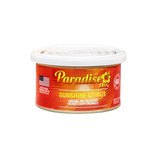 A tin of "Paradise Air" air freshener with the scent labeled as "Sunshine Citrus."