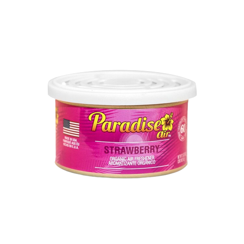 A tin of "Paradise Air" air freshener with the scent labeled as "Strawberry"