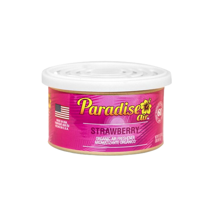 A tin of "Paradise Air" air freshener with the scent labeled as "Strawberry"