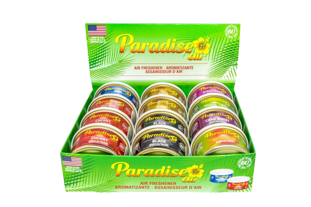 A display box of "Paradise Air" air fresheners. The box contains multiple tins of air fresheners in various scents.