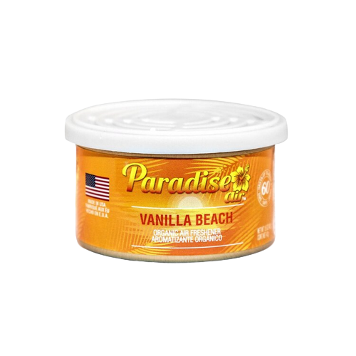 A tin of "Paradise Air" air freshener with the scent labeled as "Vanilla Beach".