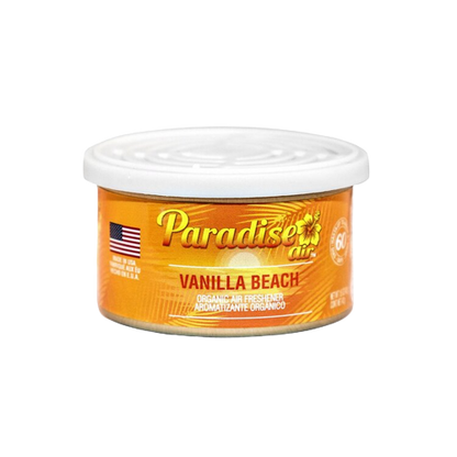 A tin of "Paradise Air" air freshener with the scent labeled as "Vanilla Beach".
