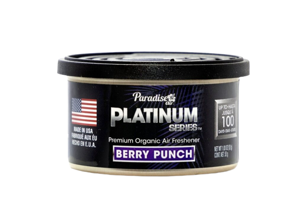 This is a container of "Paradise Platinum Series" premium organic air freshener. The fragrance is labelled as "Berry Punch." The packaging highlights that it's made in the USA. It claims to last up to 100 days. The container also provides information about its weight, which is 85 grams.