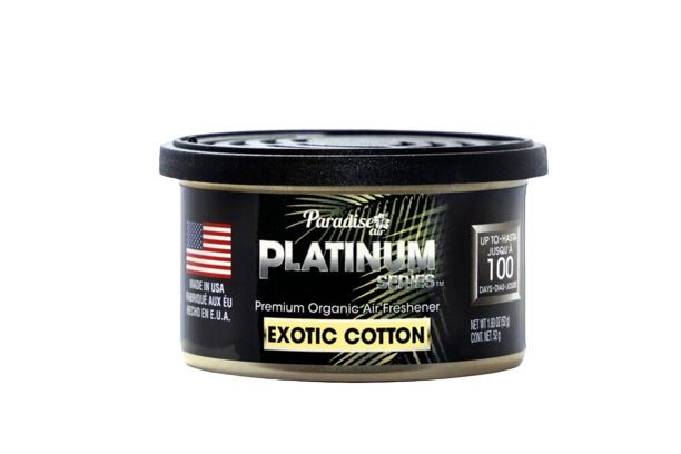 This is a container of "Paradise Platinum Series" premium organic air freshener. The scent is labelled as "Exotic Cotton." The packaging emphasises that it's made in the USA. It claims to last up to 100 days and is described as a premium air freshener. The container also has indications of its weight, which is 85 grams.