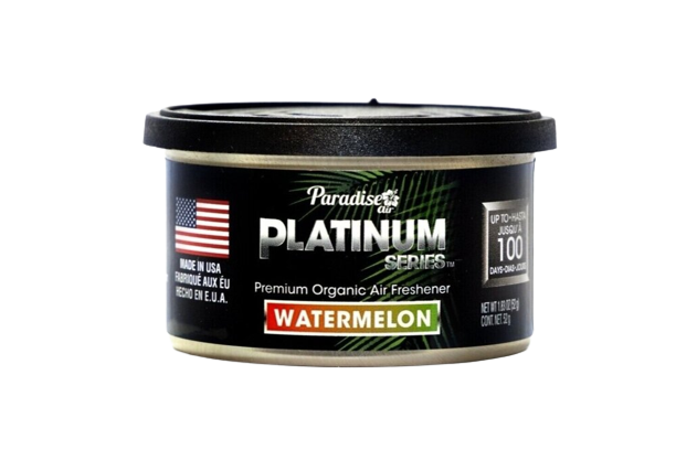 This is a container of "Paradise Platinum Series" premium organic air freshener. The fragrance is labelled as "Watermelon." The packaging indicates that it's made in the USA. It purports to last up to 100 days. The container provides details about its weight, which is 85 grams.