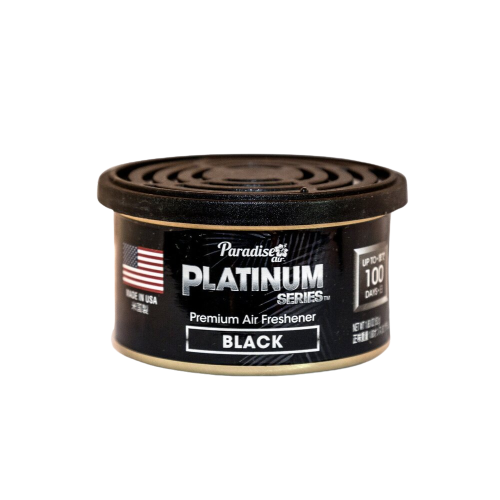 This is a container of "Paradise Platinum Series" premium air freshener. The scent is labelled as "Black." The product is highlighted as being made in the USA and claims to last up to 100 days.
