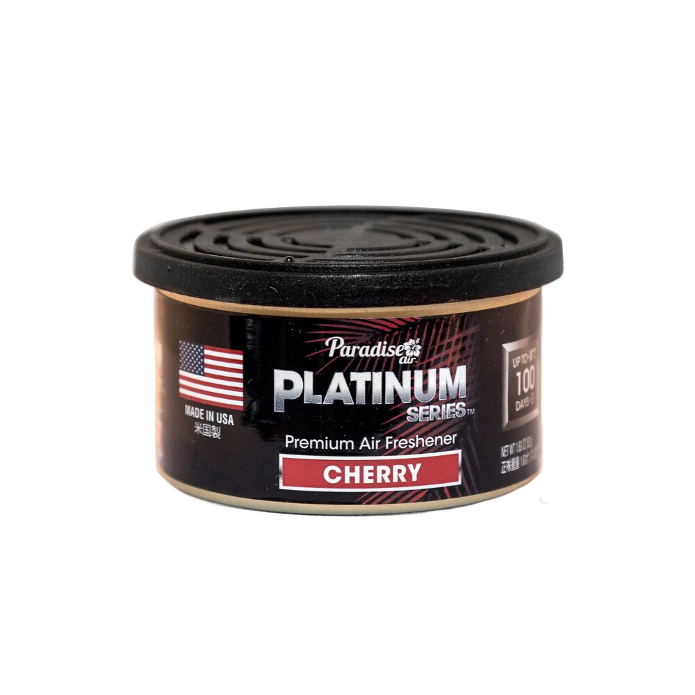 This is a container of "Paradise Platinum Series" premium air freshener. The scent is labelled as "Cherry." The product boasts of being made in the USA and claims to have a duration of up to 100 days. 