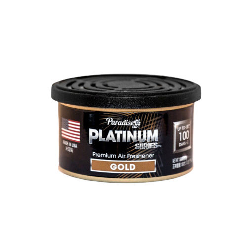 A container labeled "Paradise Platinum Series" that's a premium air freshener with the scent "Gold". It mentions lasting up to 100 days and has a circular vented top.