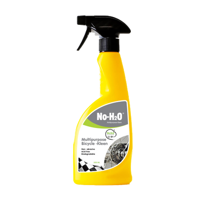 A "No-H2O" Multipurpose Bicycle-Kleen spray in a yellow bottle. It's eco-friendly and formulated to clean bicycles efficiently without the need for water.