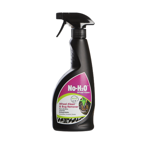 A "No-H2O" Wheel-Kleen & Bug Remover spray. The product is designed for cleaning wheels and removing bugs from vehicles. The design indicates it's part of an eco-friendly line of car cleaning products.